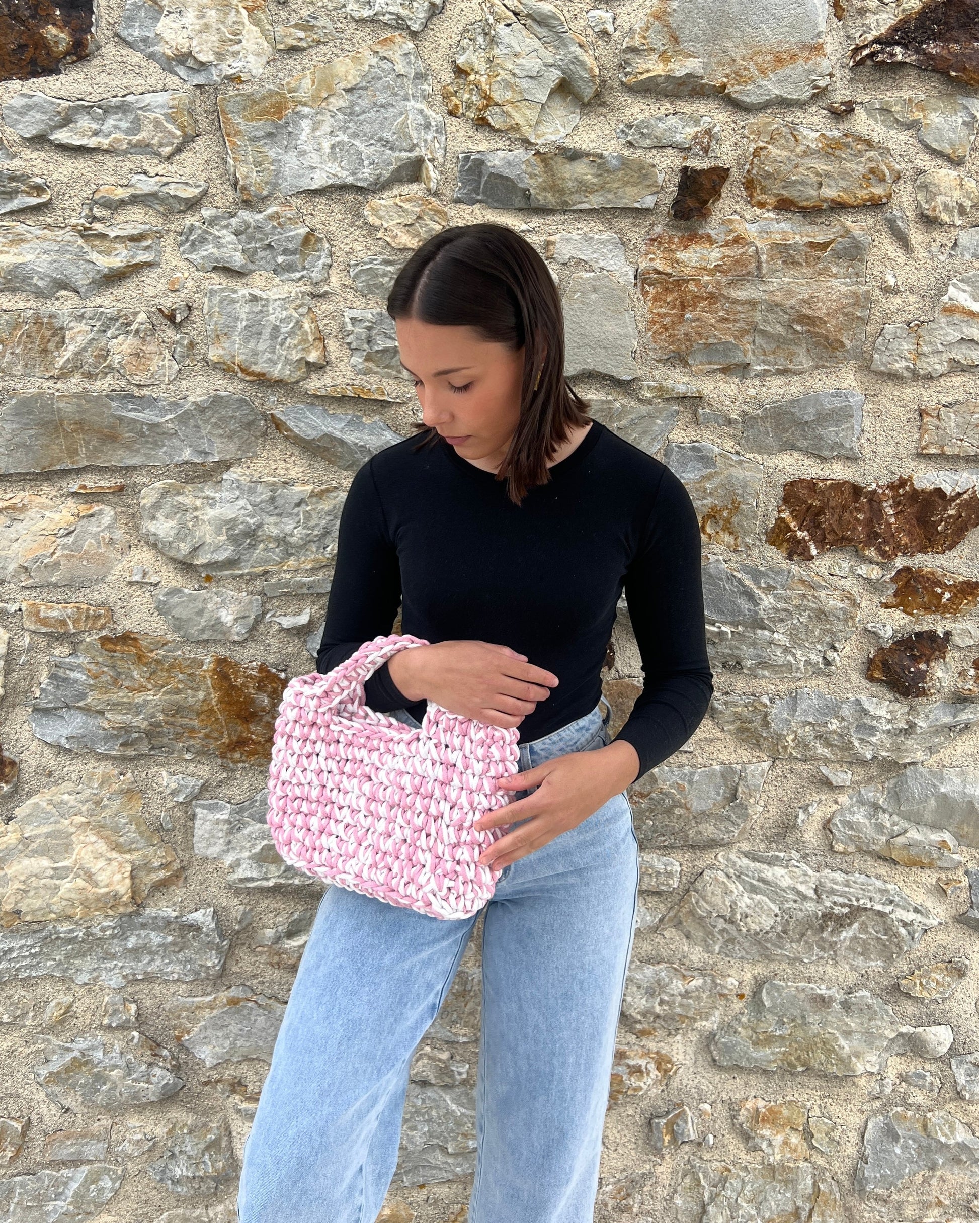 SAC - FIL LACET - ROSE & BLANC La boutique de Charlyne